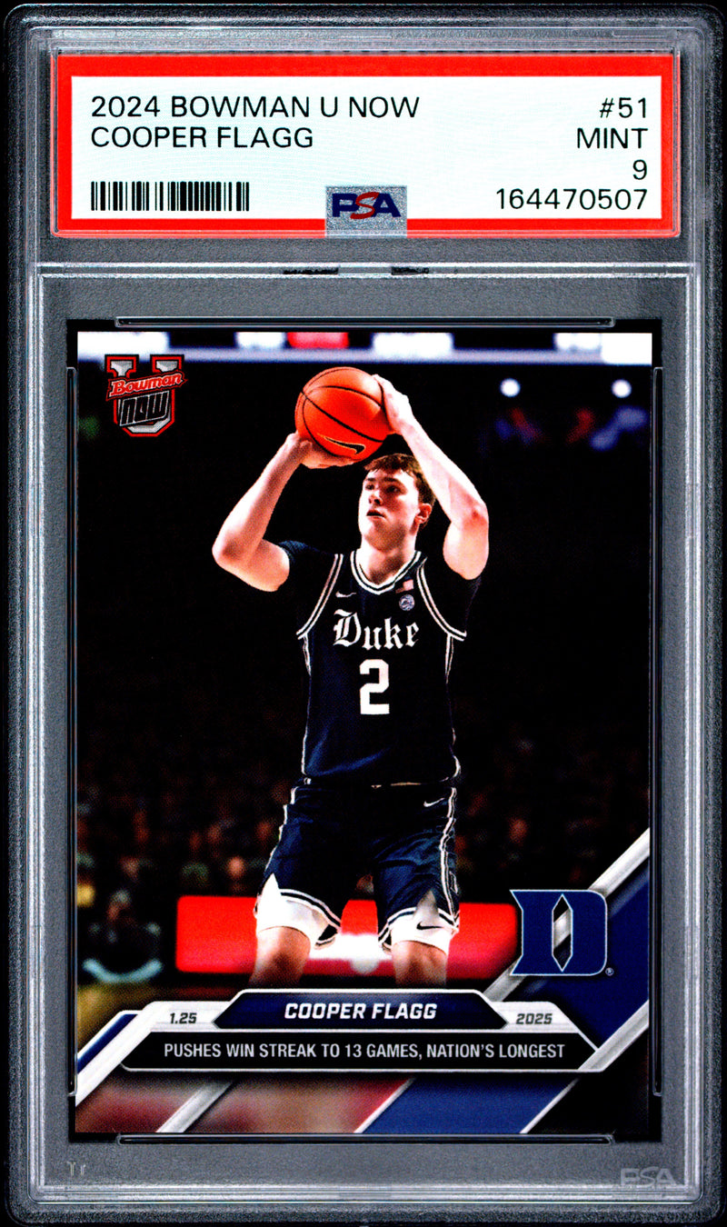 Cooper Flagg Rookie Card 2024 Bowman University Now #51 Pushes Win Streak, PSA 9, Duke 0