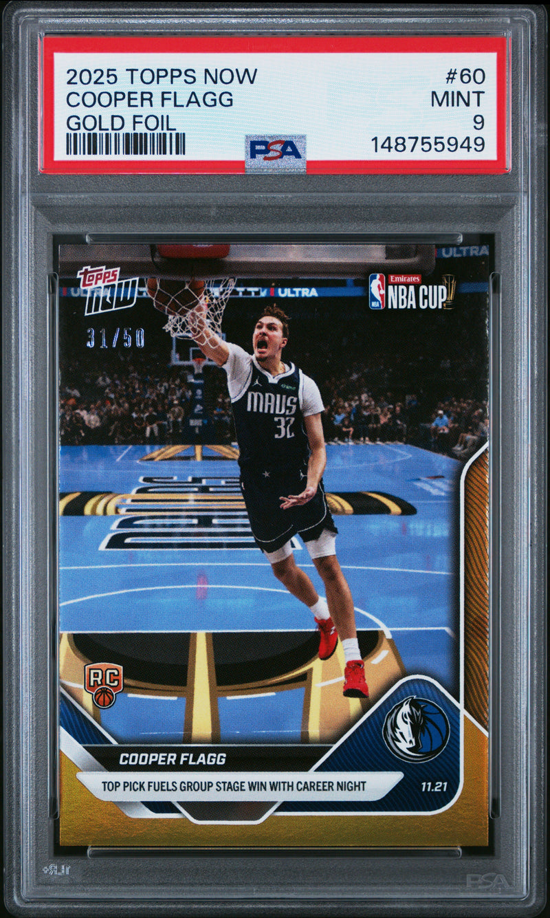 PSA 9 Cooper Flagg 2025 Topps Now #60 Gold Foil #31/50 Rookie Card Dallas Mavericks