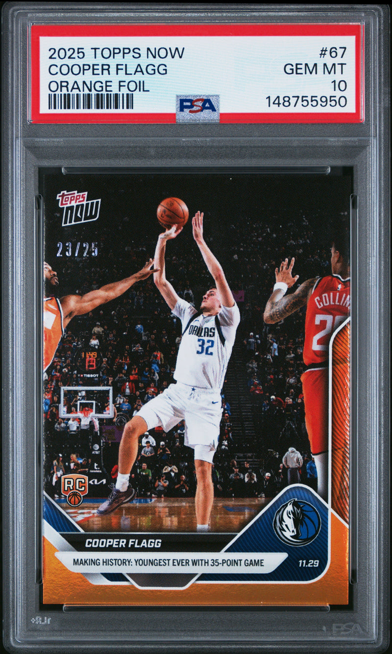 PSA 10 Cooper Flagg 2025 Topps Now #67 Orange Foil #23/25 Rookie Card Dallas Mavericks