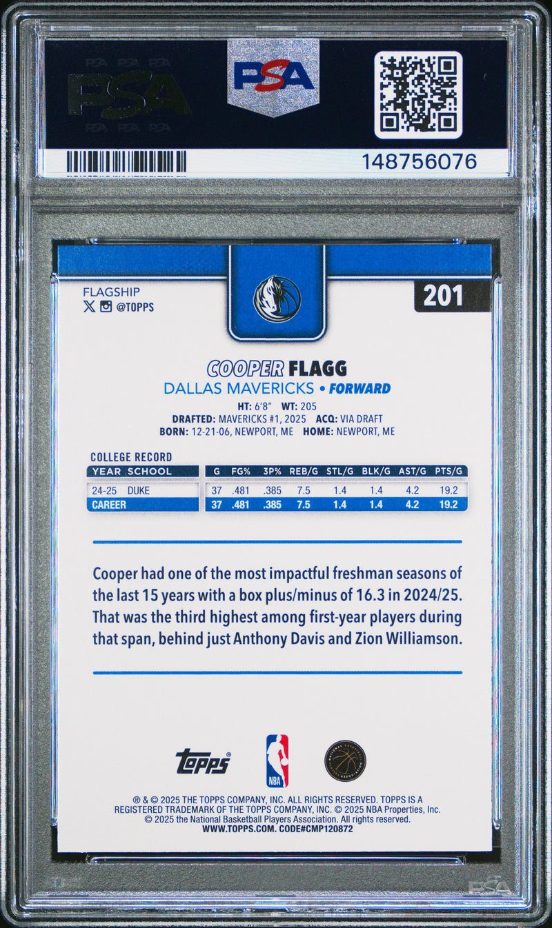 PSA 10 Cooper Flagg 2025 Topps #201 Rookie Card Dallas Mavericks