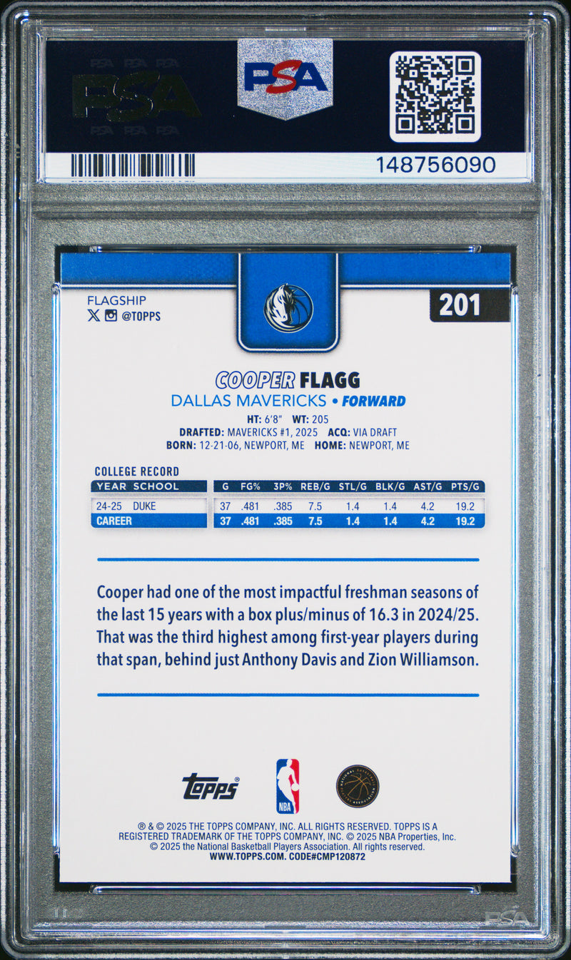 PSA 9 Cooper Flagg 2025 Topps #201 Rookie Card Dallas Mavericks