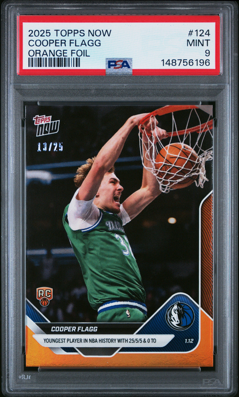 PSA 9 Cooper Flagg 2025 Topps Now #124 Orange Foil #13/25 Rookie Card Dallas Mavericks