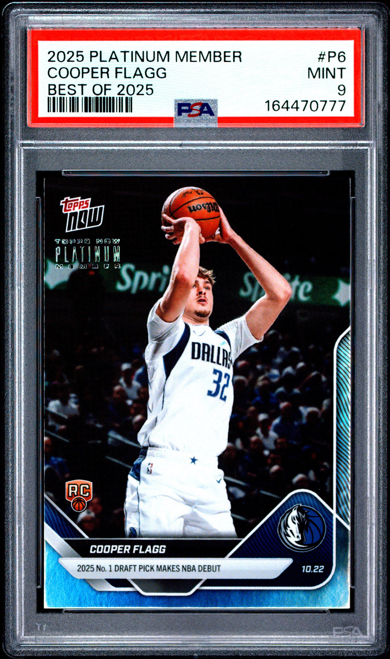 Cooper Flagg Rookie Card 2025 Topps Now #P6 Platinum Member Best Of, PSA 9, Dallas Mavericks Basketball