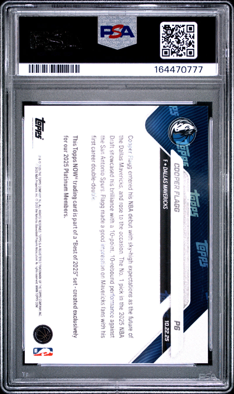Cooper Flagg Rookie Card 2025 Topps Now #P6 Platinum Member Best Of, PSA 9, Dallas Mavericks Basketball