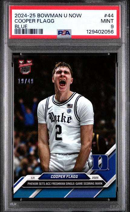 PSA 9 Cooper Flagg 2024-25 Bowman University Now Blue #44 Rookie Card 19/49