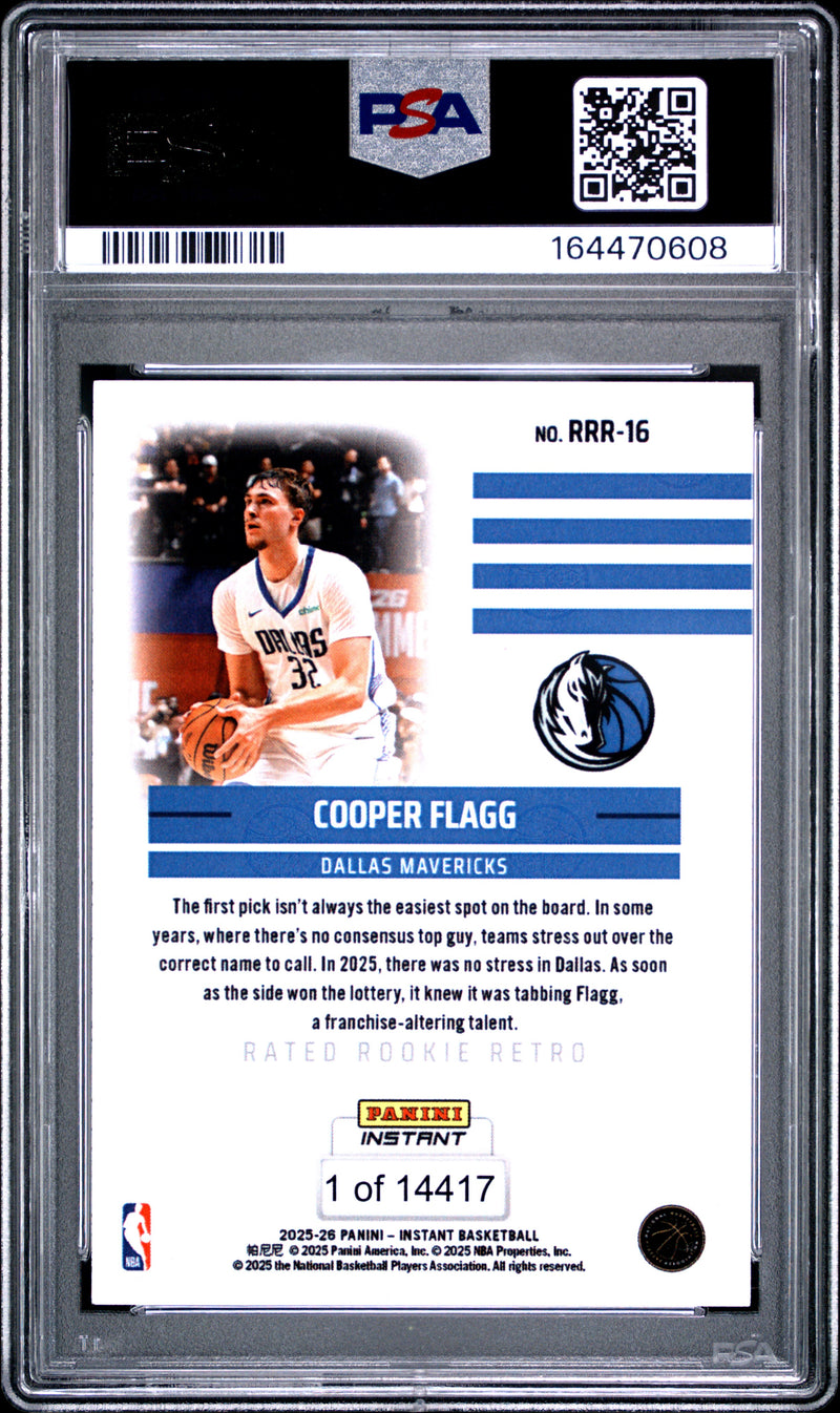 Cooper Flagg Rookie Card 2025 Panini Instant #RRR-16 Rated Rookie Retro, PSA 10, Dallas Mavericks Basketball