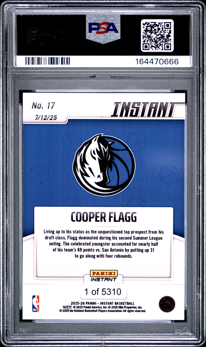 Cooper Flagg Rookie Card 2025 Panini Instant #17 Flies High, PSA 10, Dallas Mavericks Basketball