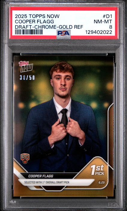 PSA 8 Cooper Flagg 2025 Topps Now Draft Chrome Gold Refractor Rookie Card 38/50