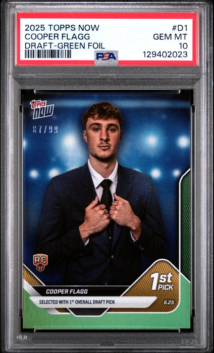 PSA 10 Cooper Flagg 2025 Topps Now Draft #D1 87/99 Green Foil Rookie Card