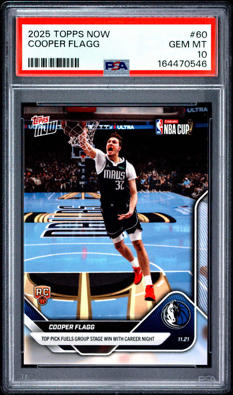 Cooper Flagg Rookie Card 2025 Topps Now #60 Top Pick Career Night, PSA 10, Dallas Mavericks Basketball