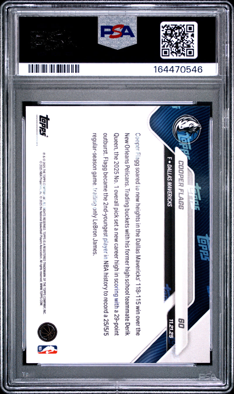 Cooper Flagg Rookie Card 2025 Topps Now #60 Top Pick Career Night, PSA 10, Dallas Mavericks Basketball