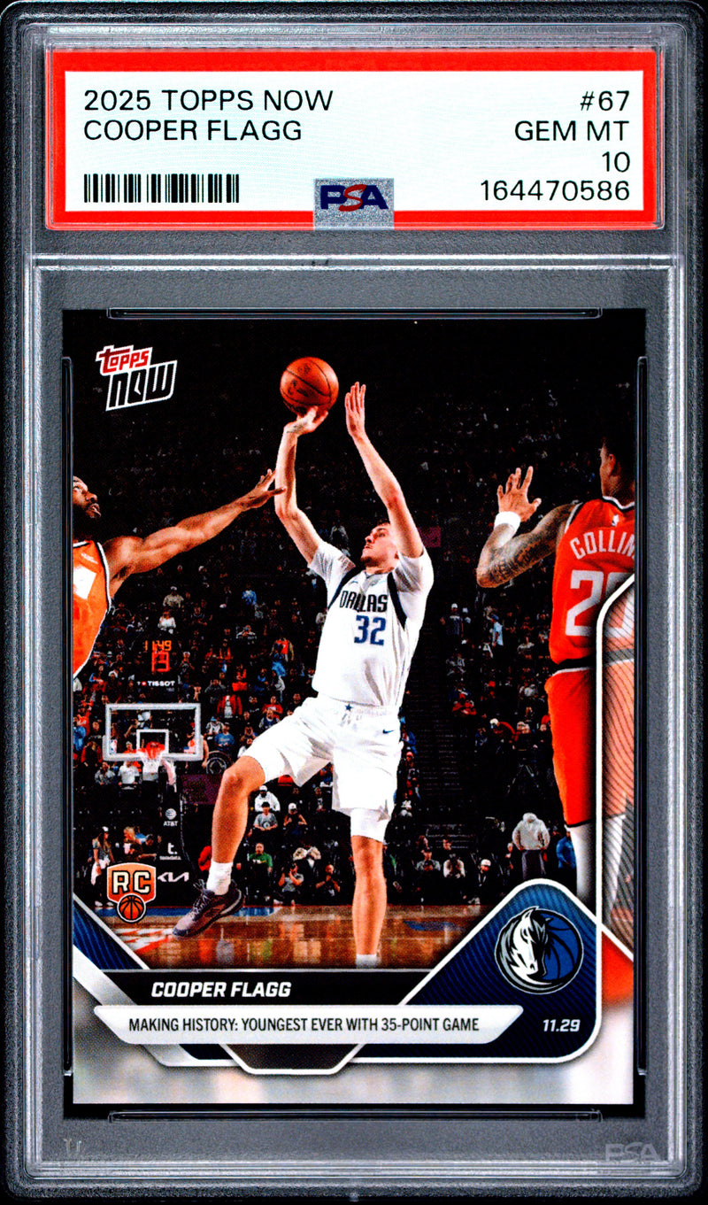 Cooper Flagg Rookie Card 2025 Topps Now #67 Youngest Ever w 35 pts, PSA 10, Dallas Mavericks Basketball