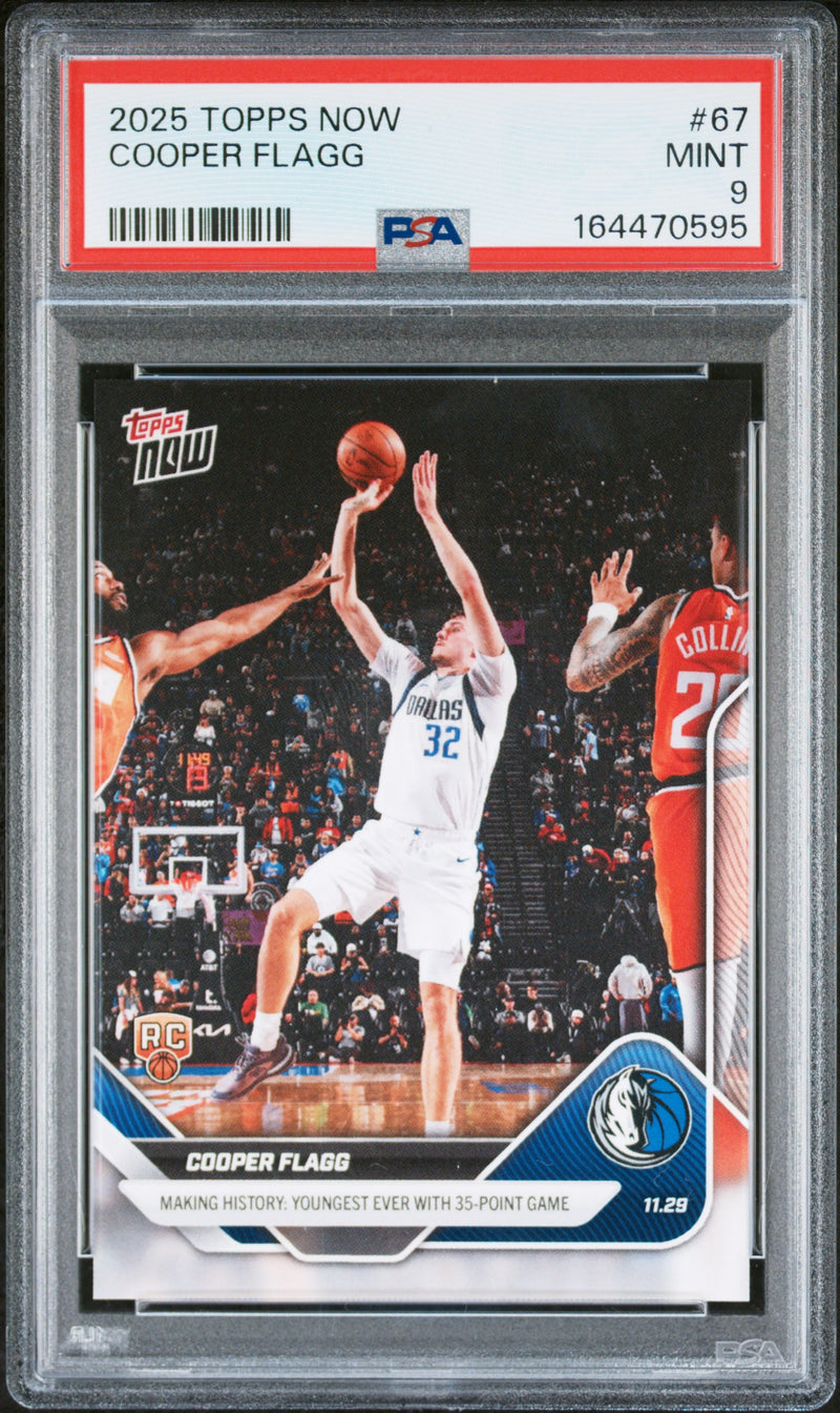 Cooper Flagg Rookie Card 2025 Topps Now #67 Youngest Ever w 35 pts, PSA 9, Dallas Mavericks Basketball