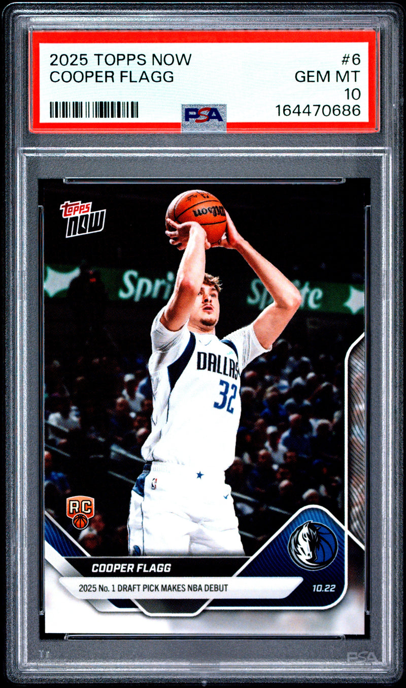 Cooper Flagg Rookie Card 2025 Topps Now #6 Makes NBA Debut, PSA 10, Dallas Mavericks Basketball