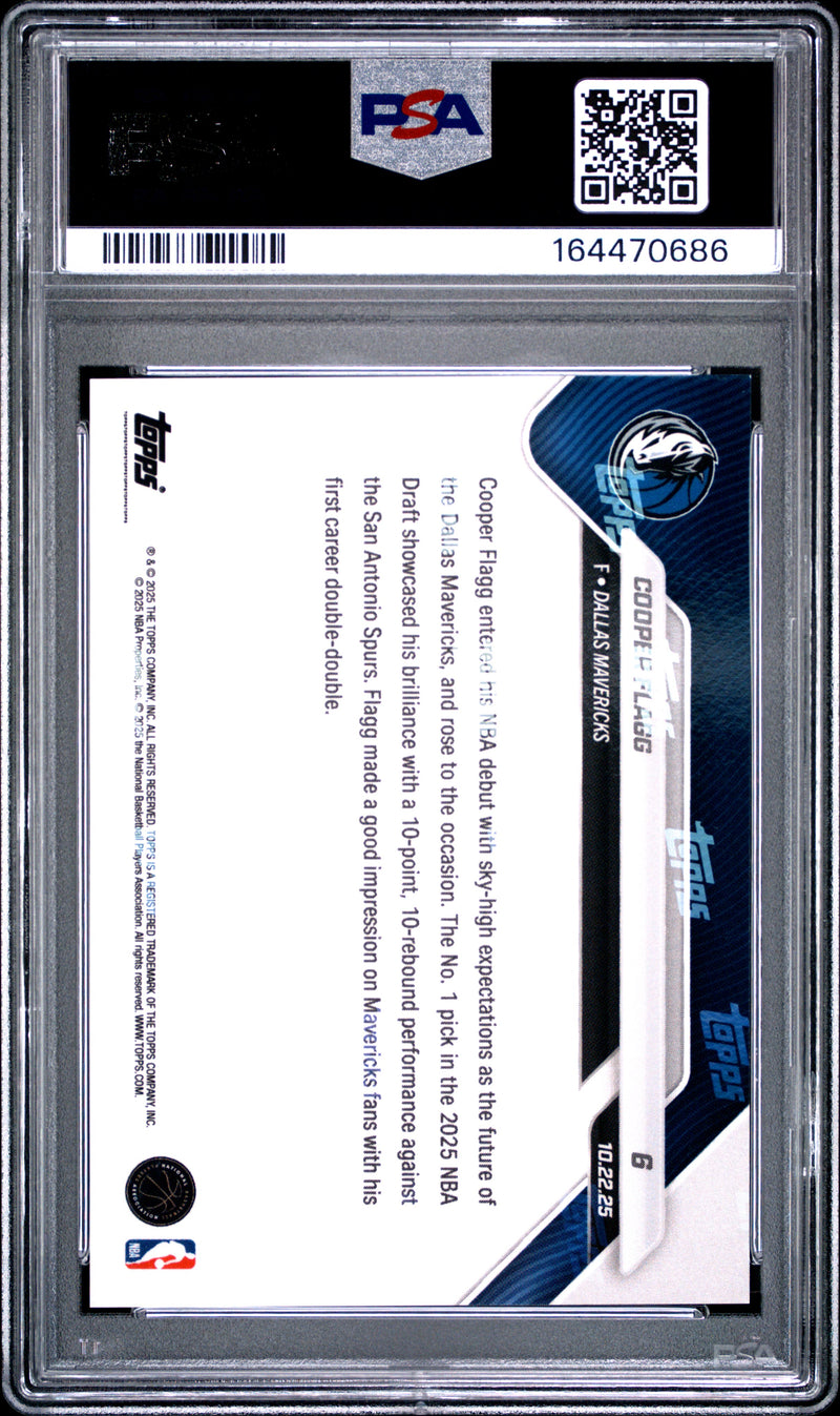 Cooper Flagg Rookie Card 2025 Topps Now #6 Makes NBA Debut, PSA 10, Dallas Mavericks Basketball