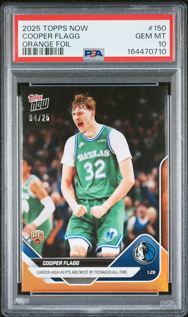 Cooper Flagg Rookie Card 2025 Topps Now #150 Orange Foil #4/25, PSA 10, Dallas Mavericks Basketball