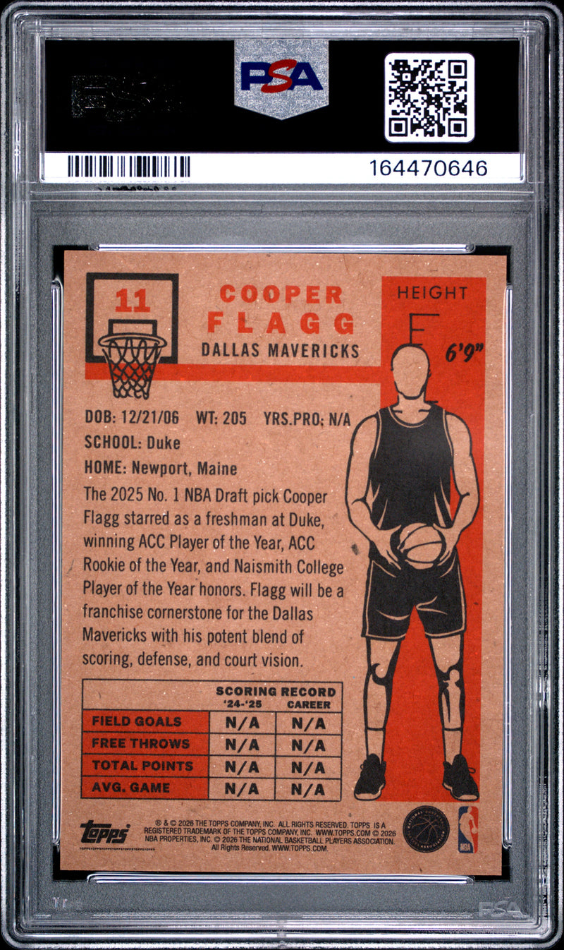 Cooper Flagg Rookie Card 2026 Topps Living Set #11, PSA 10, Dallas Mavericks Basketball