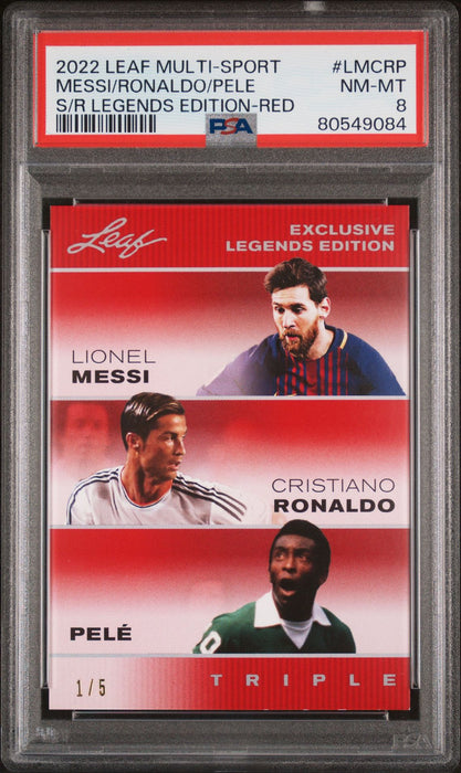 PSA 8 Pele Lionel Messi Cristiano Ronaldo 2022 Leaf #LMCRP The Triple Red #1 of 5 Rare Trading Card
