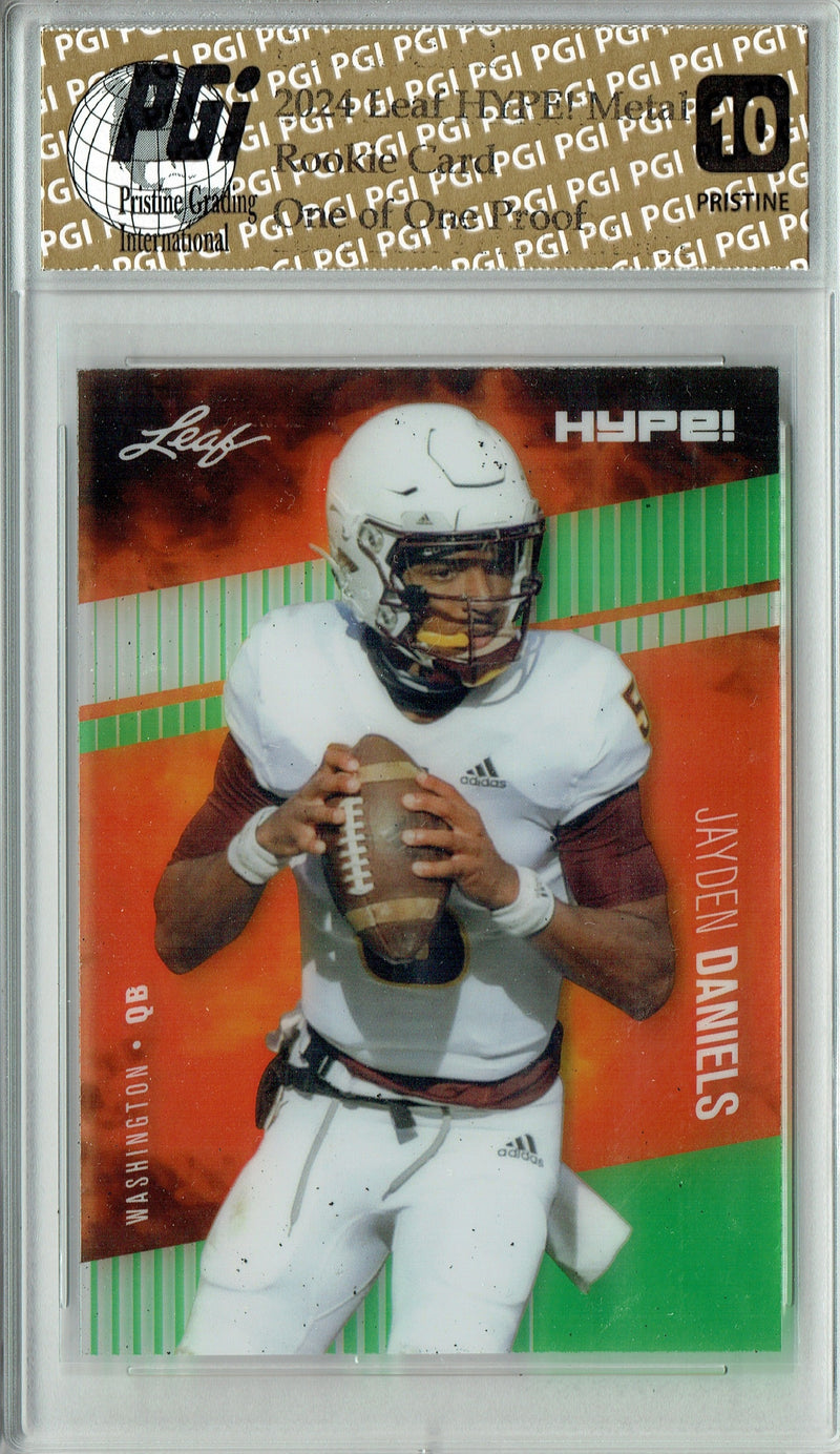 Jayden Daniels Rookie Card Washington PGI 10 Gem Mint Football Trading Card 2024 Leaf HYPE! Metal #HM-07 Green 1/1 Proof