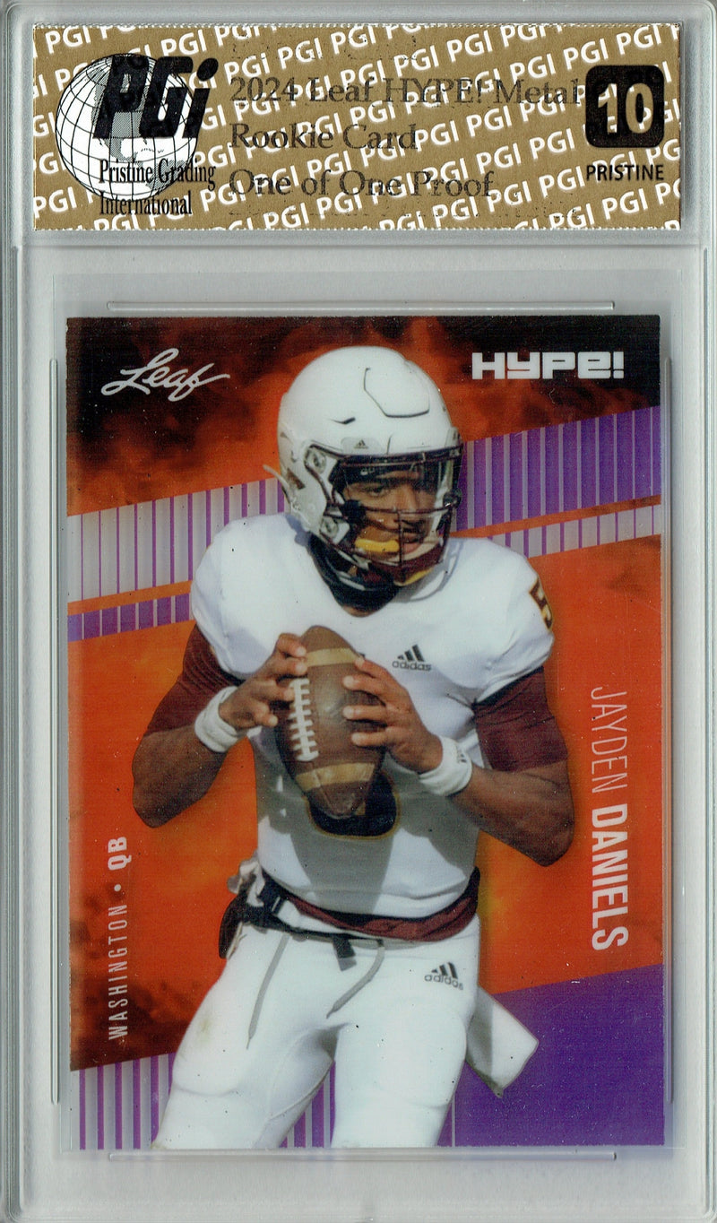 Jayden Daniels Rookie Card Washington PGI 10 Gem Mint Football Trading Card 2024 Leaf HYPE! Metal #HM-07 Purple 1/1 Proof