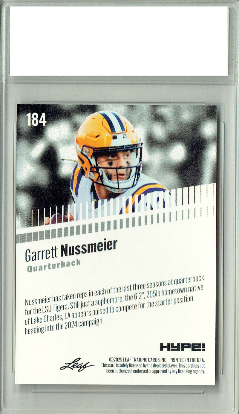 Garrett Nussmeier Rookie Card LSU / Kansas City PGI 10 Football Trading Card 2025 Leaf HYPE! #184 Only 5k Made