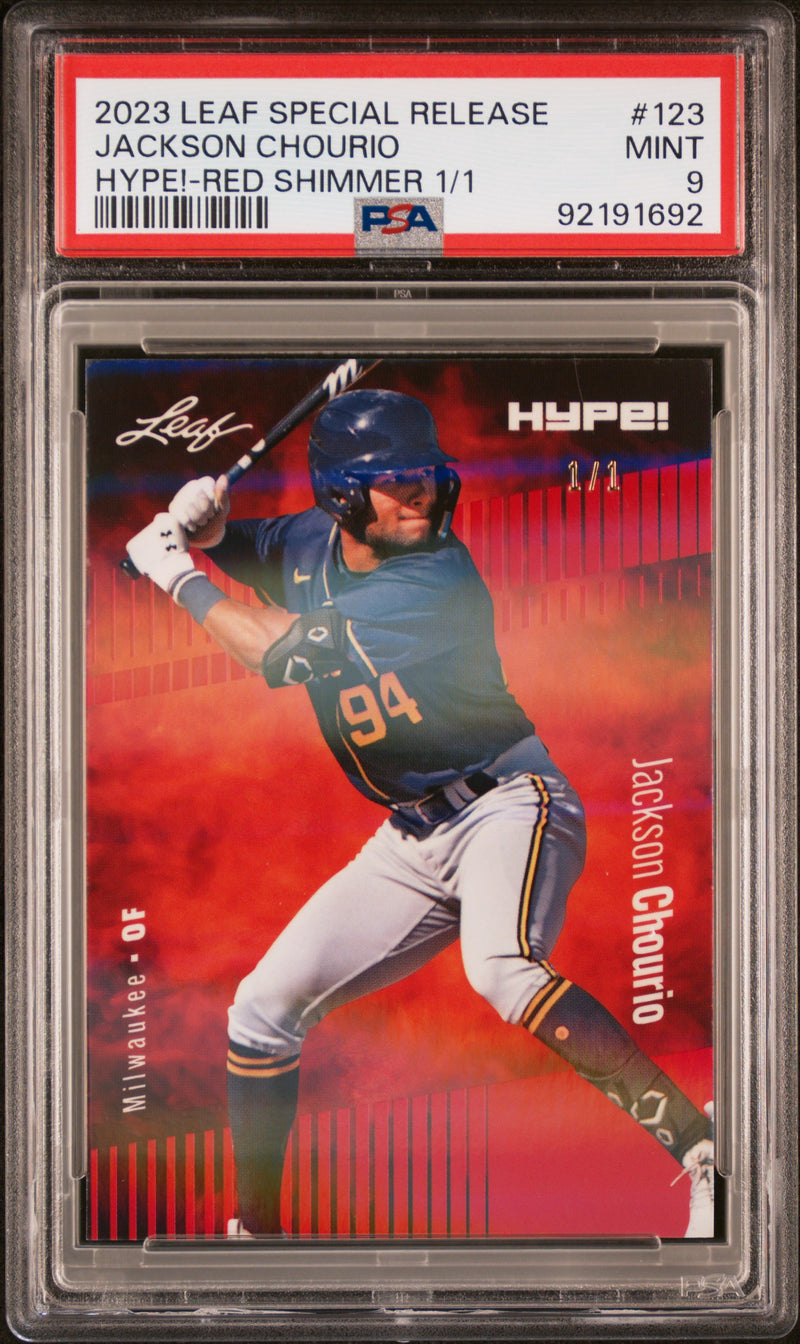 PSA 9 Jackson Chourio 2023 Leaf HYPE #123 Red Shimmer 1/1 Rookie Card Milwaukee Brewers