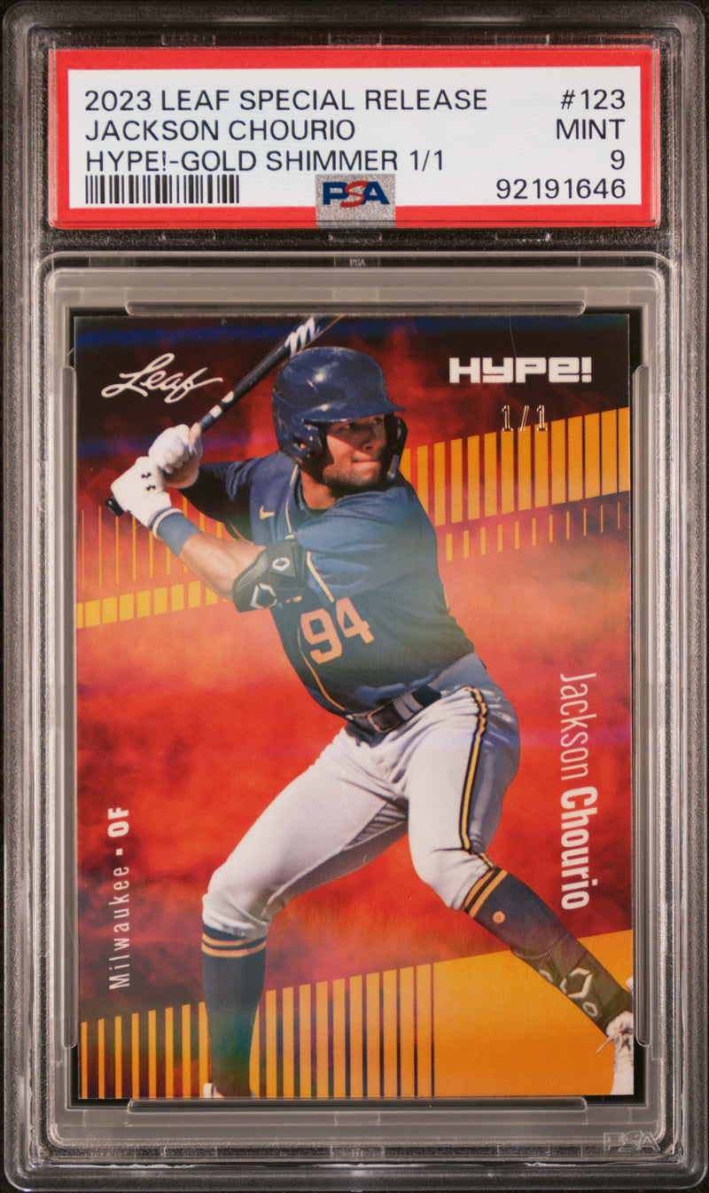 PSA 9 Jackson Chourio 2023 Leaf HYPE #123 Gold Shimmer 1/1 Rookie Card Milwaukee Brewers