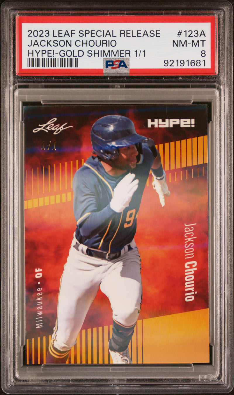 PSA 8 Jackson Chourio 2023 Leaf HYPE #123A Gold Shimmer 1/1 Rookie Card Milwaukee Brewers
