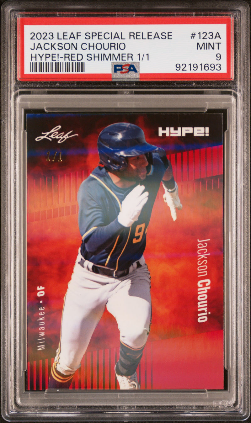 PSA 9 Jackson Chourio 2023 Leaf HYPE #123A Red Shimmer 1/1 Rookie Card Milwaukee Brewers