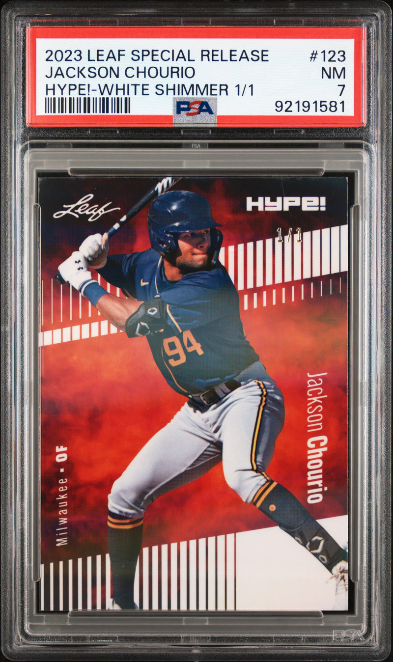 PSA 7 Jackson Chourio 2023 Leaf HYPE #123 White Shimmer 1/1 Rookie Card Milwaukee Brewers