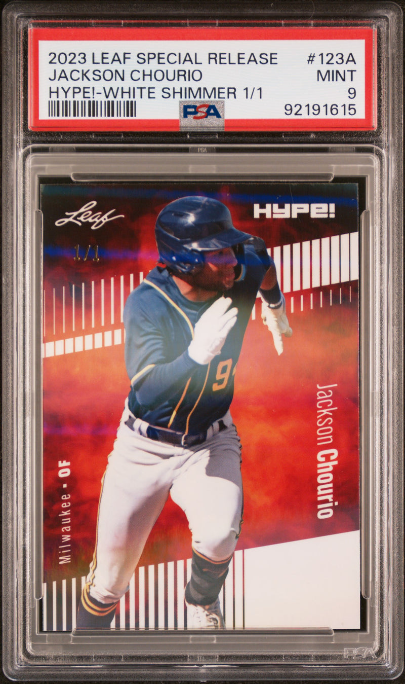 PSA 9 Jackson Chourio 2023 Leaf HYPE #123A White Shimmer 1/1 Rookie Card Milwaukee Brewers