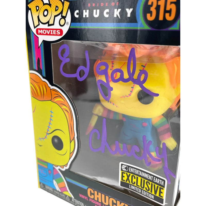 Chucky Funko Pop #315 Neon Autographed X3 Ed Gale Alex Vincent Edan Gross JSA COA Signed