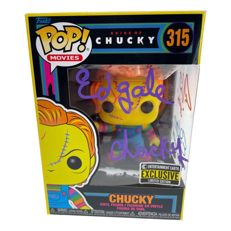 Chucky Funko Pop #315 Neon Autographed X3 Ed Gale Alex Vincent Edan Gross JSA COA Signed