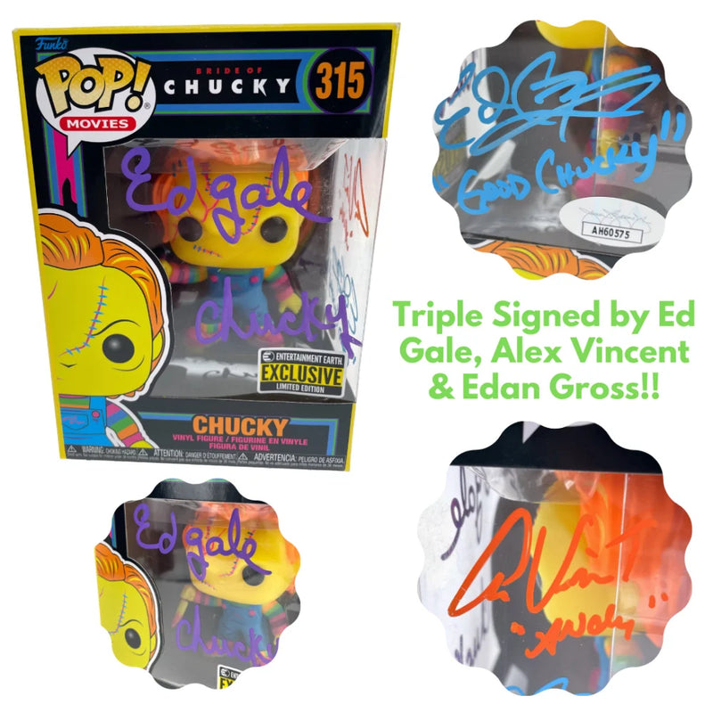 Chucky Funko Pop #315 Neon Autographed X3 Ed Gale Alex Vincent Edan Gross JSA COA Signed