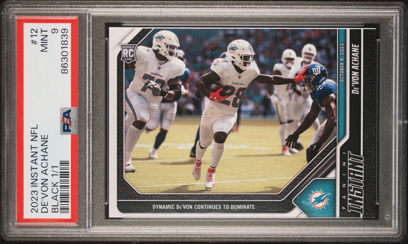 PSA 9 De'Von Achane 2023 Panini Instant #12 Black One of One 1/1 Rookie Card Miami Dolphins