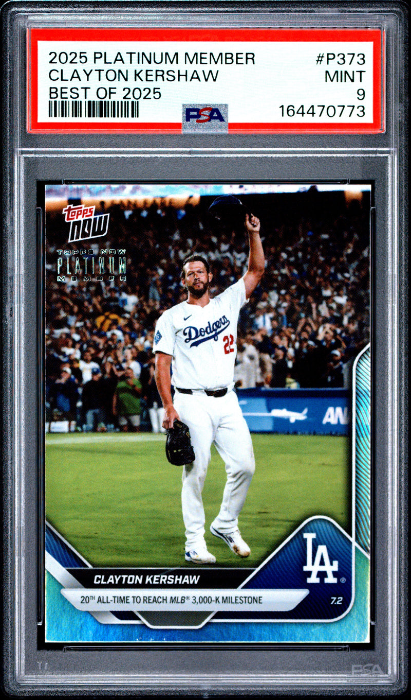 Clayton Kershaw Trading Card 2025 Topps Now #P373 Platinum Member Best Of, PSA 9, Los Angeles Dodgers Baseball