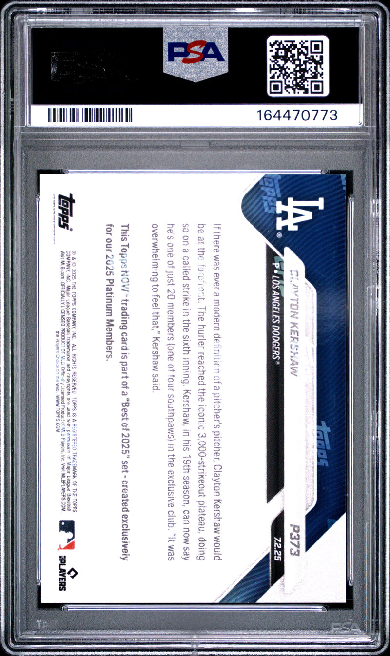 Clayton Kershaw Trading Card 2025 Topps Now #P373 Platinum Member Best Of, PSA 9, Los Angeles Dodgers Baseball