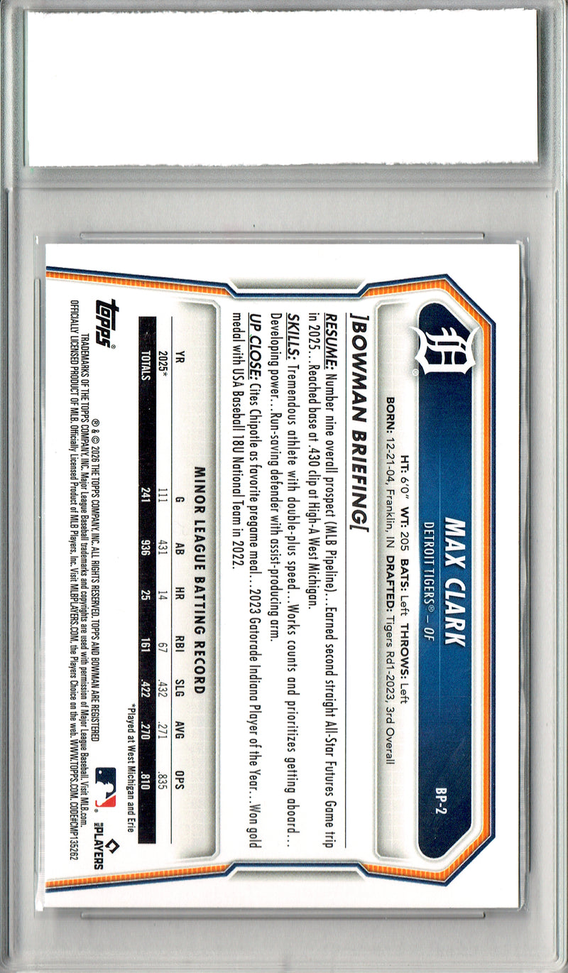 Max Clark Rookie Card 2026 Bowman #BP-2, PGI 10, Detroit Tigers Baseball