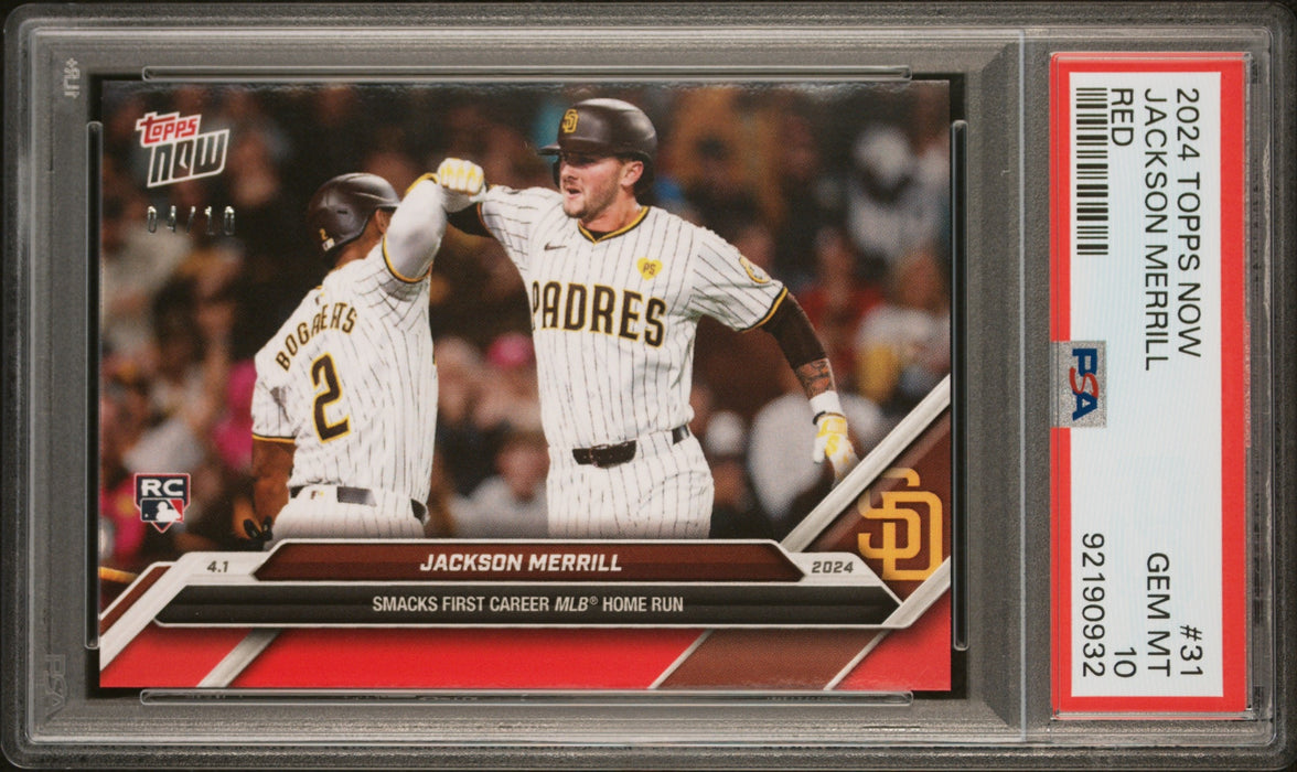 PSA 10 Jackson Merrill 2024 Topps Now #31 Red SP #4/10 Rookie Card