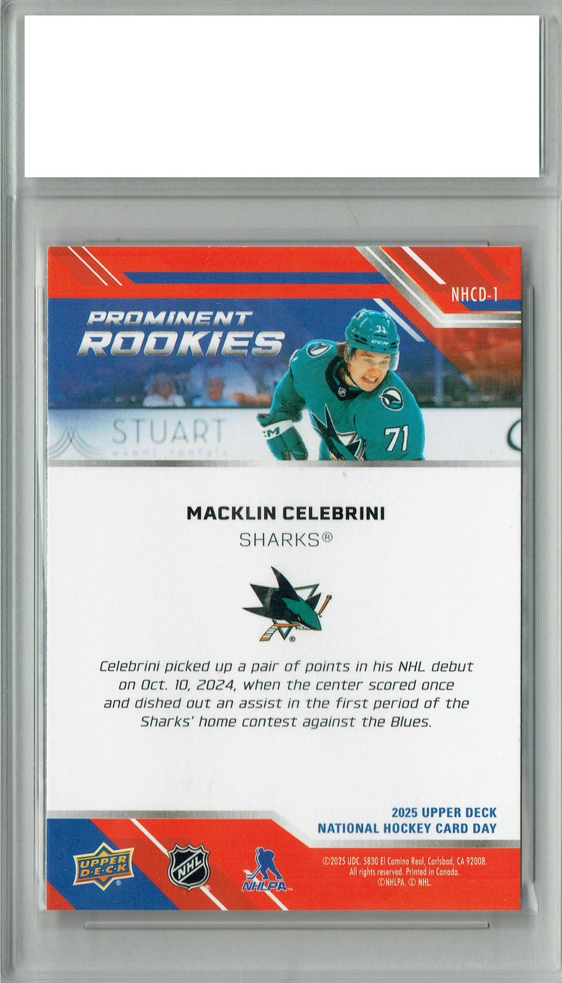 Certified Mint+ Macklin Celebrini 2024-25 Upper Deck #NHCD-1 Prominent Rookies Rookie Card San Jose Sharks