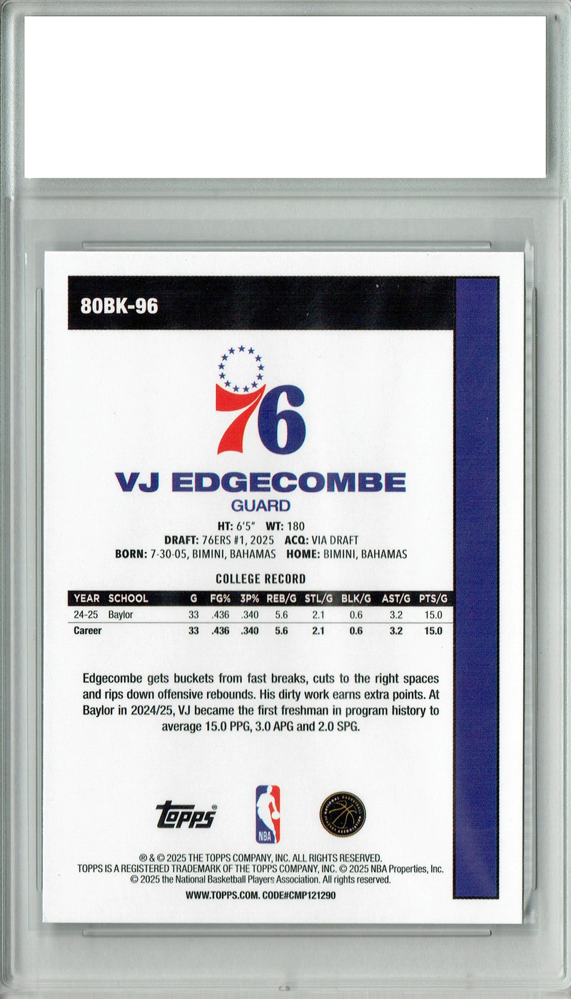 Certified Mint+ V.J. Edgecombe 2025 Topps #80BK-96 Retro 45th Ann. Rookie Card Philadelphia 76ers