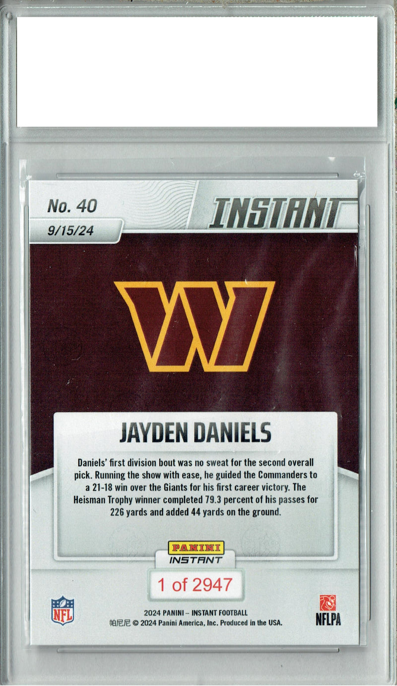 Certified Mint+ Jayden Daniels 2024 Panini Instant #40 1st Career Win Rookie Card Washington Commanders