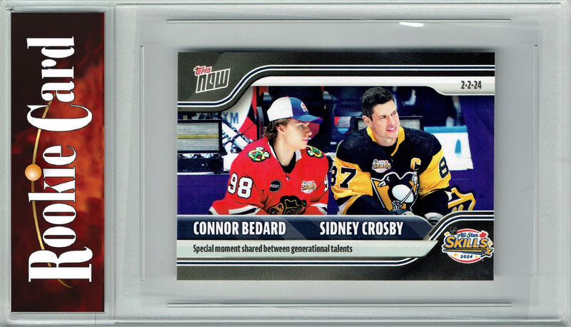 Certified Mint+ Connor Bedard 2024 Topps Now #107 w Sidney Crosby Rookie Card Sticker Back Chicago Blackhawks