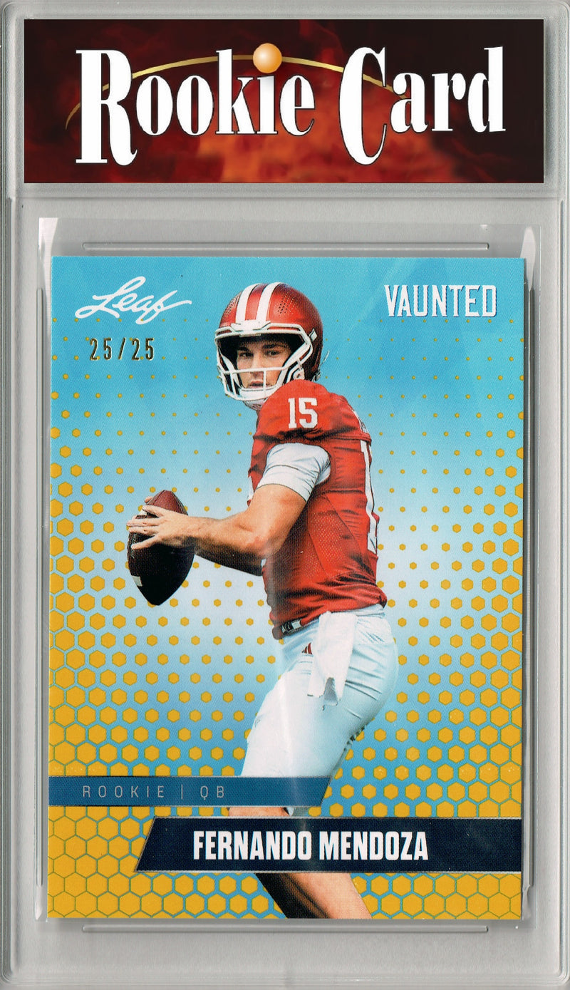 Fernando Mendoza Rookie Card Indiana / Las Vegas Football Trading Card 2025 Leaf Vaunted #V-07 Gold SP 25 Made  Certified Mint+