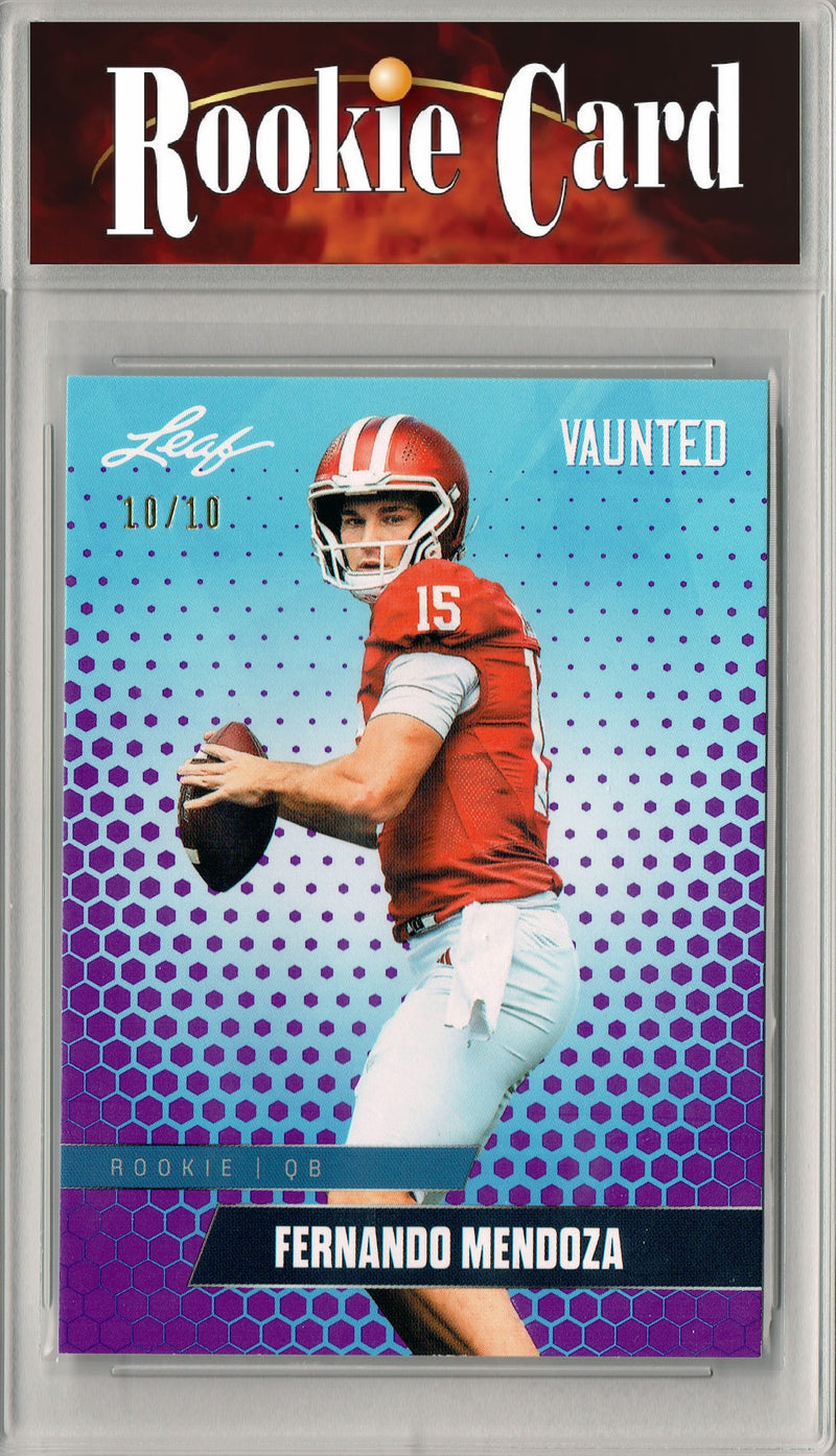 Fernando Mendoza Rookie Card Indiana / Las Vegas Football Trading Card 2025 Leaf Vaunted #V-07 Purple SP 10 Made  Certified Mint+