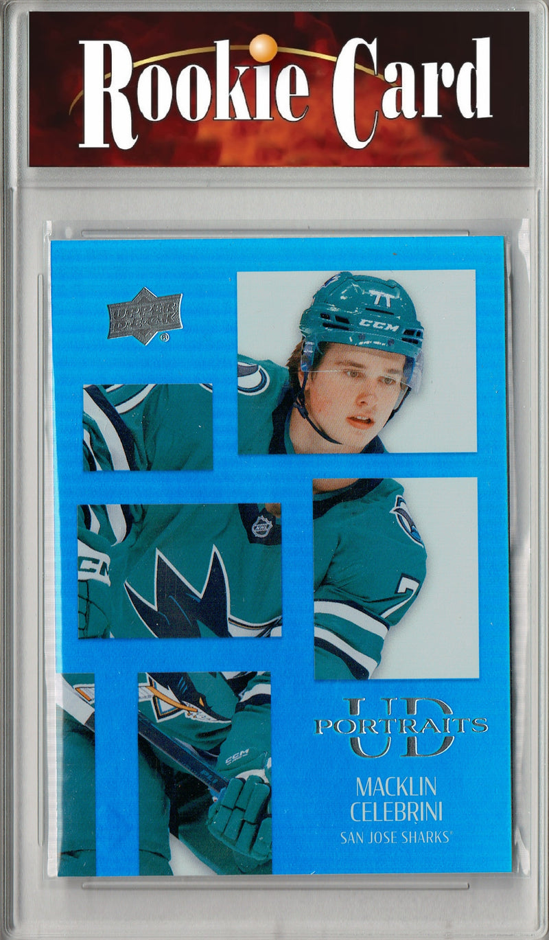 Certified Mint+ Macklin Celebrini 2024 UD Portraits #P37 Blue Foil Rookie Card San Jose Sharks