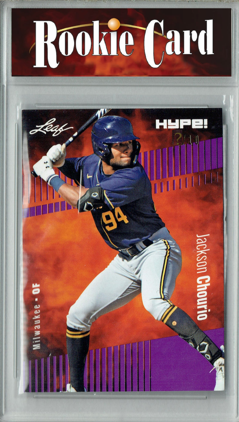 Certified Mint+ Jackson Chourio 2023 Leaf HYPE #123 Purple SP, Just 10 Made Rookie Card Milwaukee Brewers