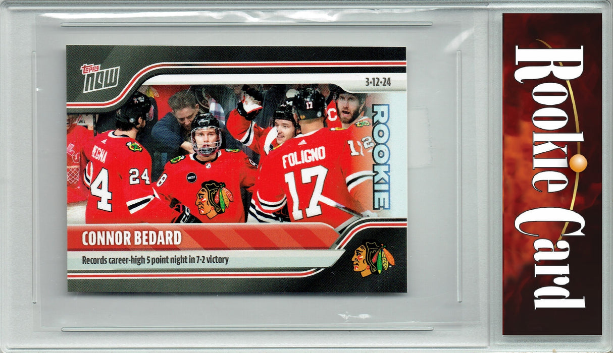 Certified Mint+ Connor Bedard 2023 Topps Now #144 5 Point Game Rookie Card Sticker Back Chicago Blackhawks