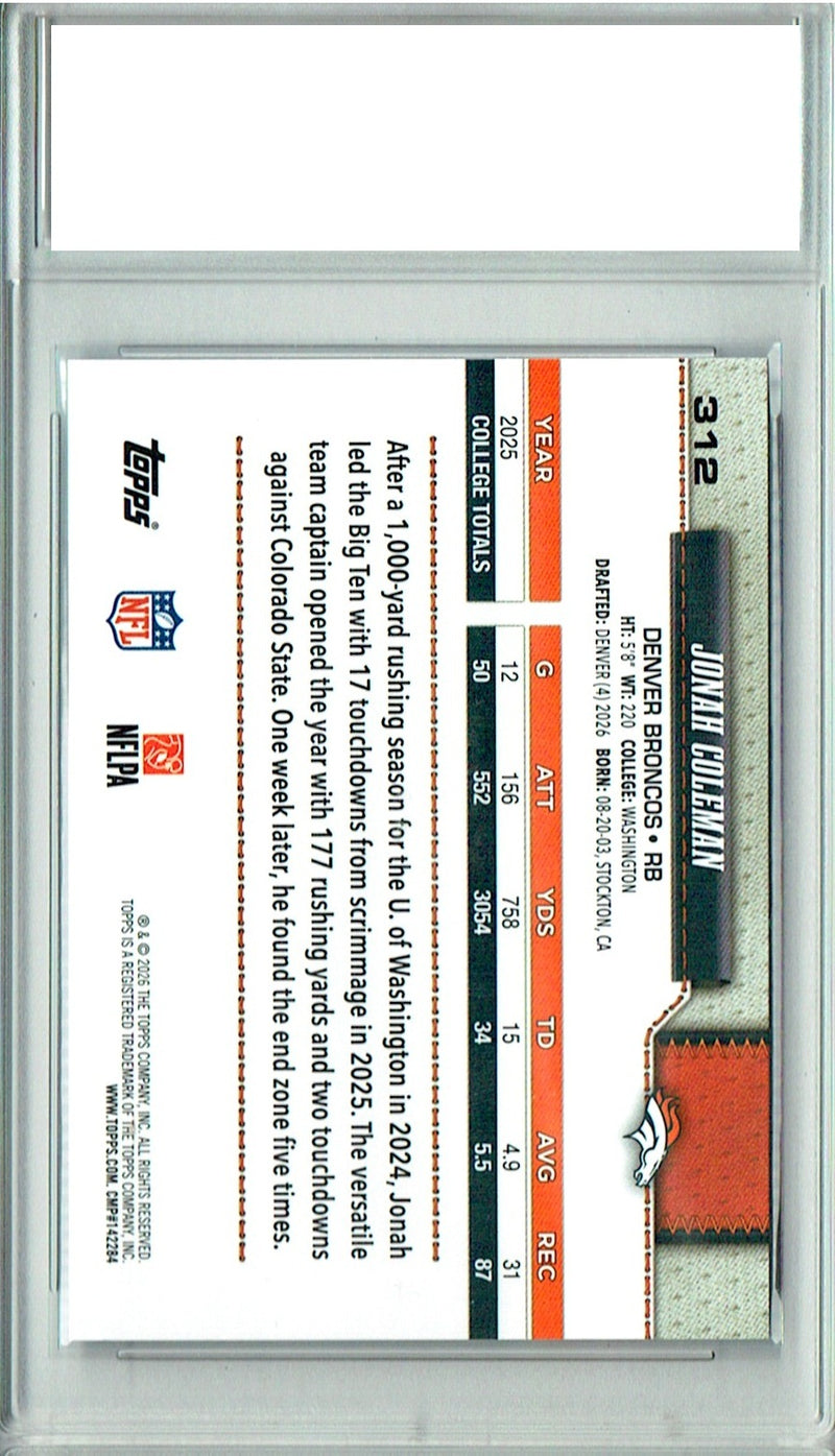 Jonah Coleman Rookie Card 2026 Topps #312 Flagship, Certified Mint+ Condition, Denver Broncos Football