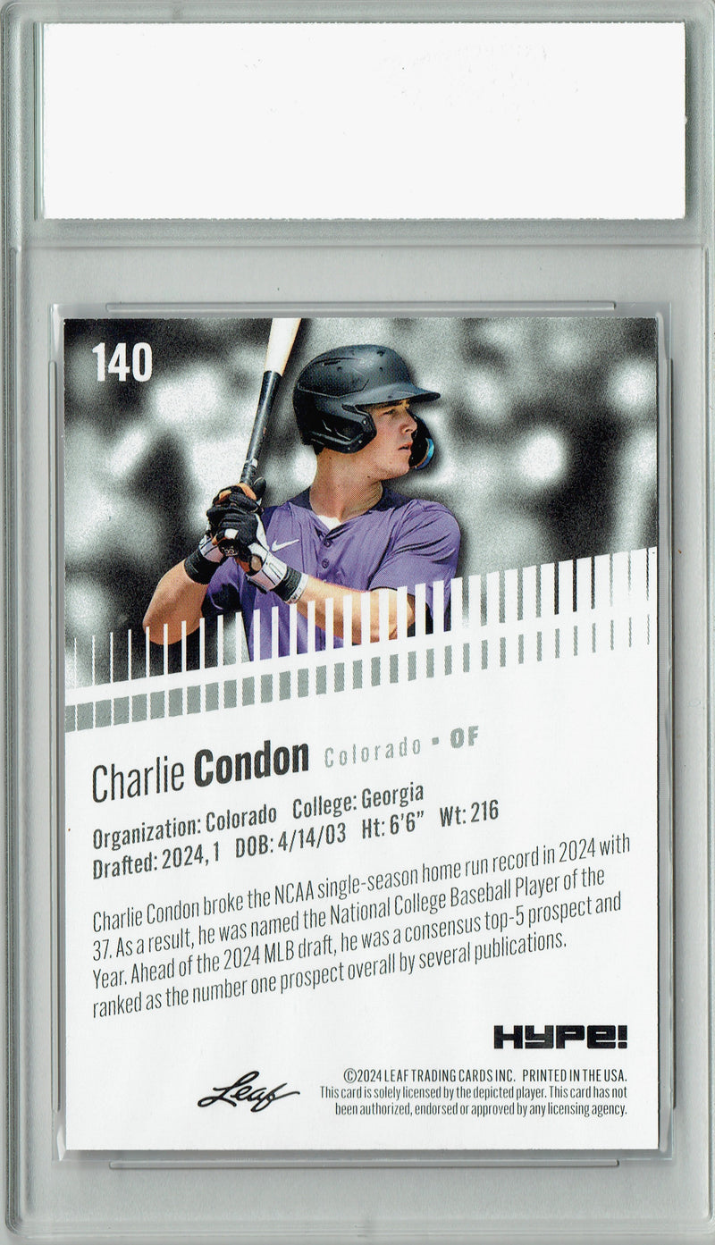 Charlie Condon 2024 Leaf HYPE! #140 Purple Shimmer 1/1 Rookie Card PGI 10